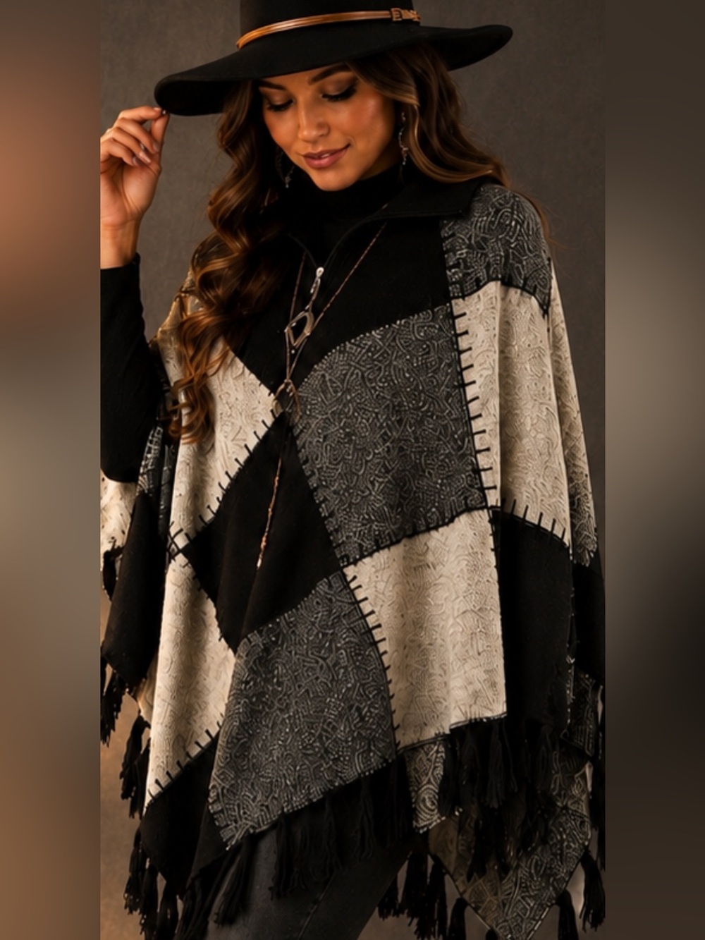 Allison Daley Wool Patchwork Poncho Sweater | Boho Black OS